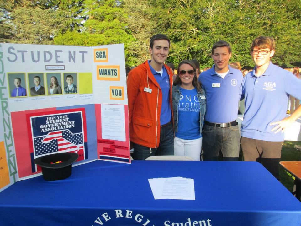 Student Government E-board. From left to right, Peter Georges '15, Corilyn Henault '15, Jivanto van Hemert '14, Sean Garrity '16. Photo Credit to Salve Regina Student Activities.