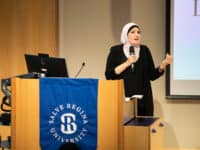 Linda Sarsour speaks at Salve Regina University on October 24, 2022 in Bazarsky Hall as a part of the 10 Year Anniversary of Multicultural Education Week.